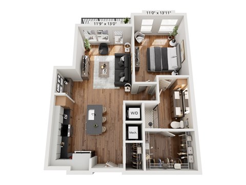 A top-down view of a small apartment layout with a living room, kitchen, and bedroom.